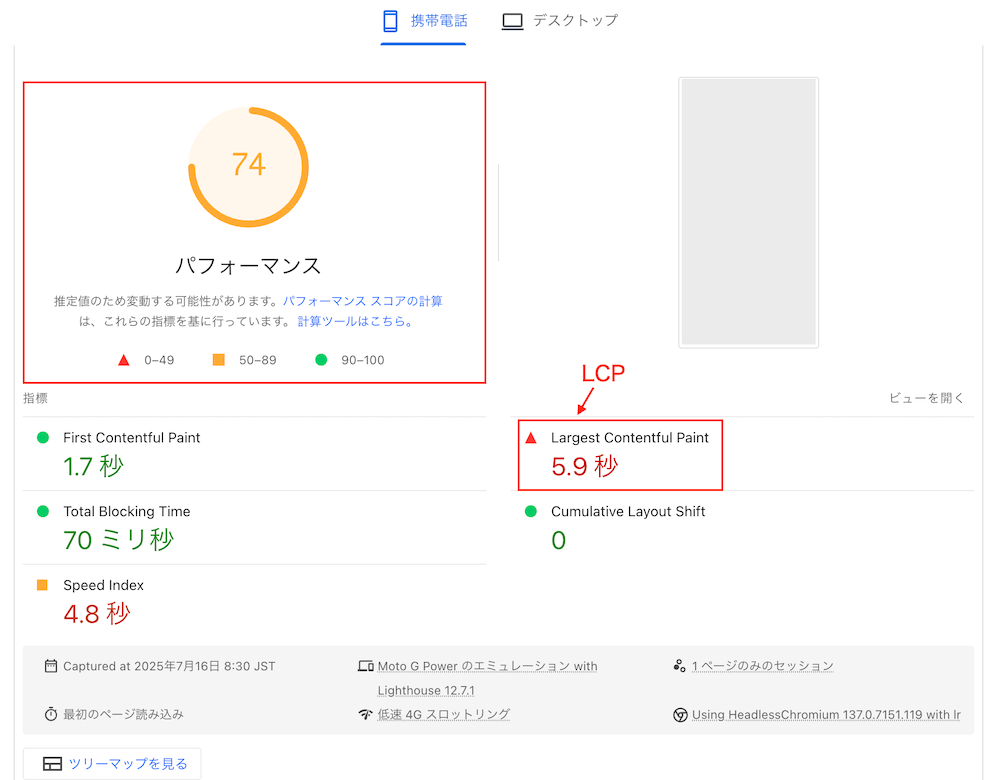 ページスピードインサイトで表示されたデータ