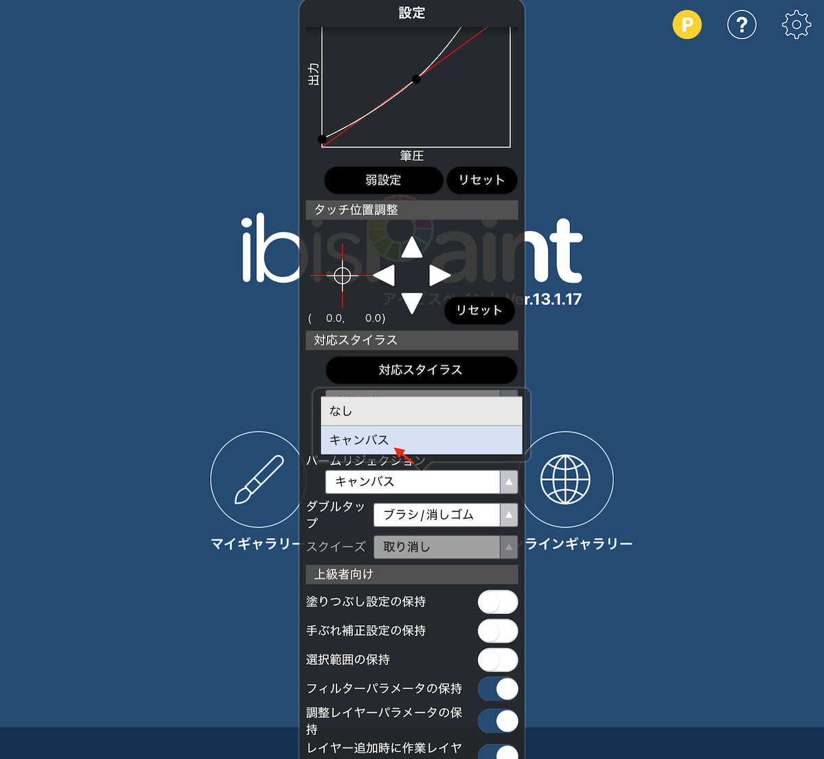 アイビスペイントのパームリジェクションをキャンバスの設定