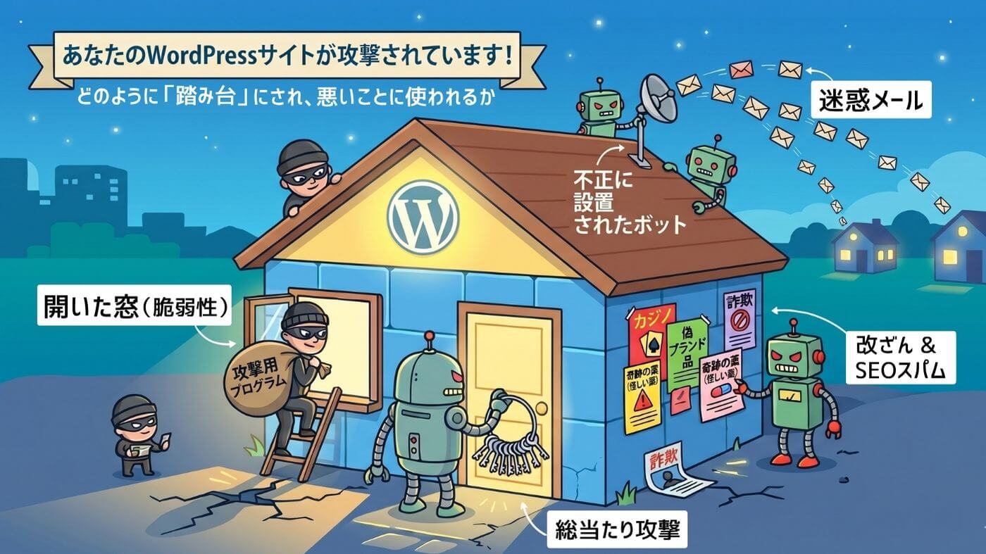 ワードプレスのサイトが攻撃に合っている様子のイラスト
