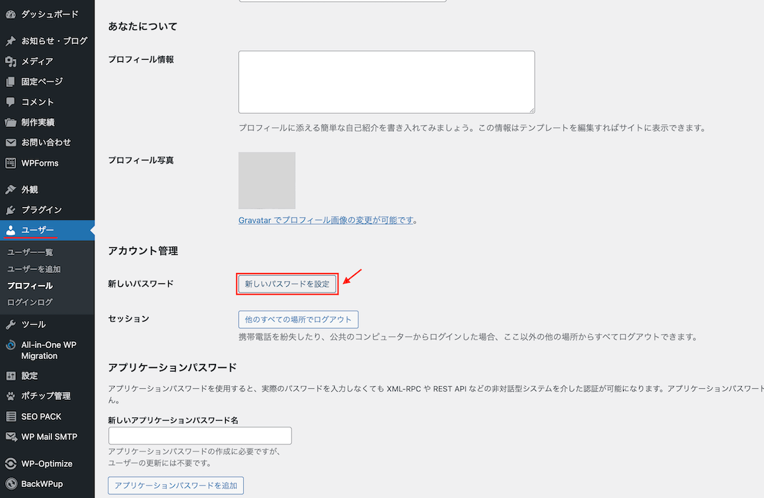 ワードプレスの新しいパスワードを設定する画面