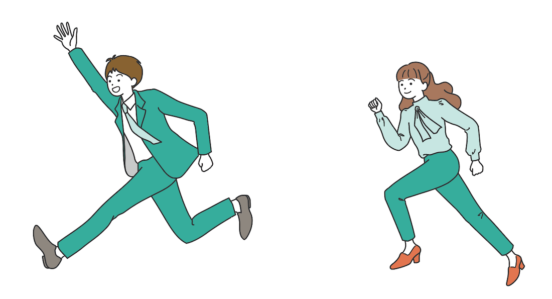 チラシに載せたスーツの男性と女性が走っているイラストの画像
